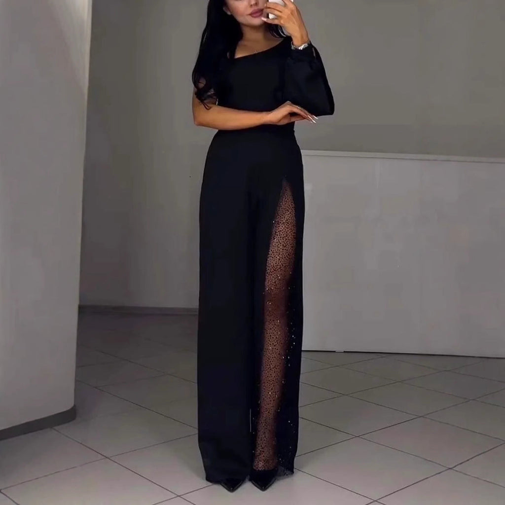 Asymmetrischer einseitiger Damen-Jumpsuit mit Paillettenpanel EB