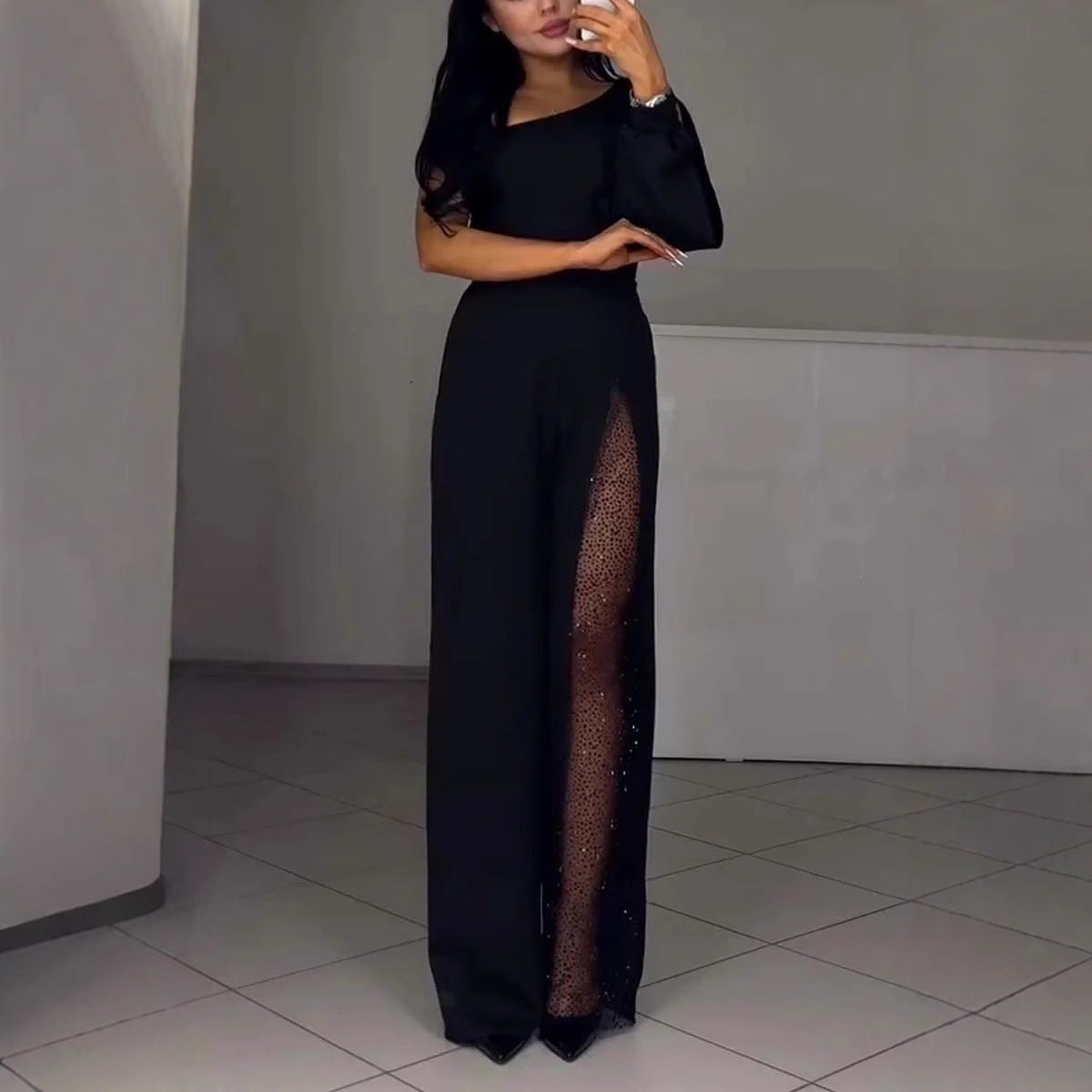 Asymmetrischer einseitiger Damen-Jumpsuit mit Paillettenpanel EB