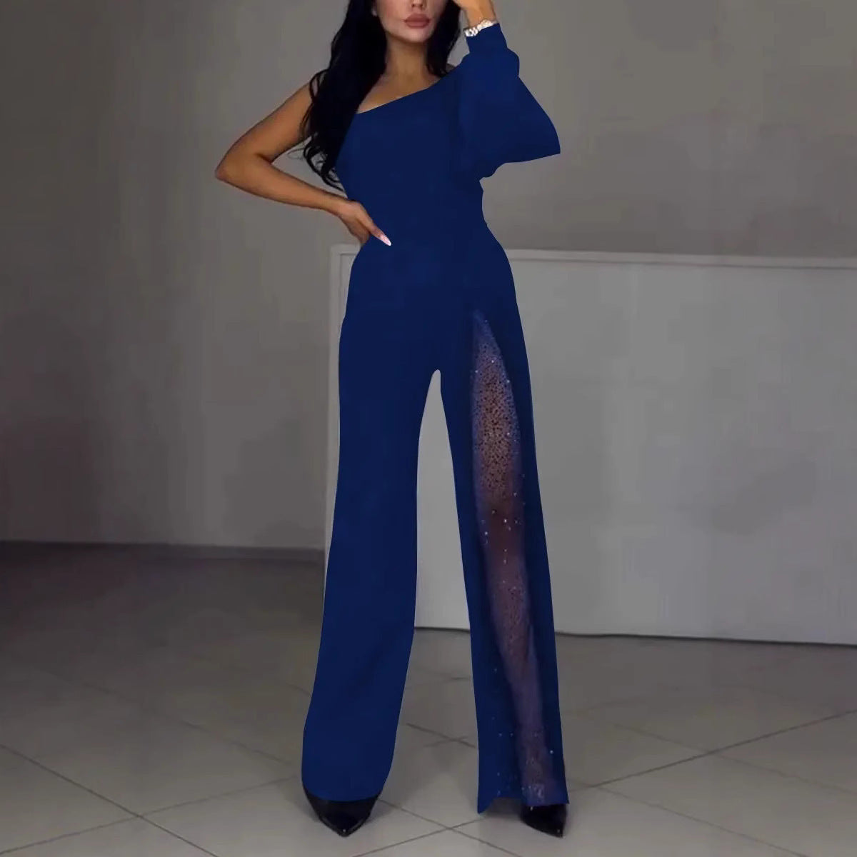 Asymmetrischer einseitiger Damen-Jumpsuit mit Paillettenpanel EB