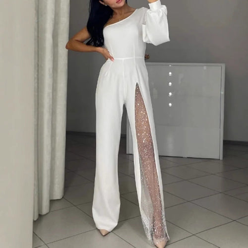 Asymmetrischer einseitiger Damen-Jumpsuit mit Paillettenpanel | AB