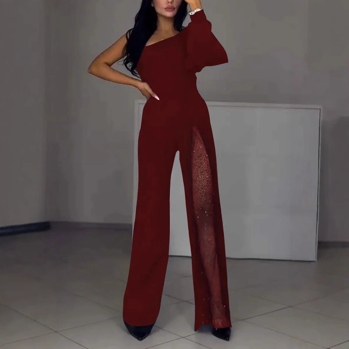 Asymmetrischer einseitiger Damen-Jumpsuit mit Paillettenpanel EB